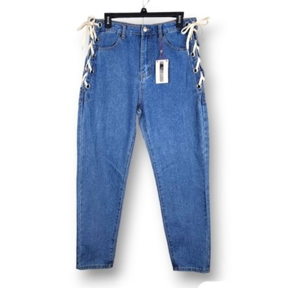 Denim Blvd Los Angeles Mom Jeans Size 11 Blue Lace Up Side High Rise NWT